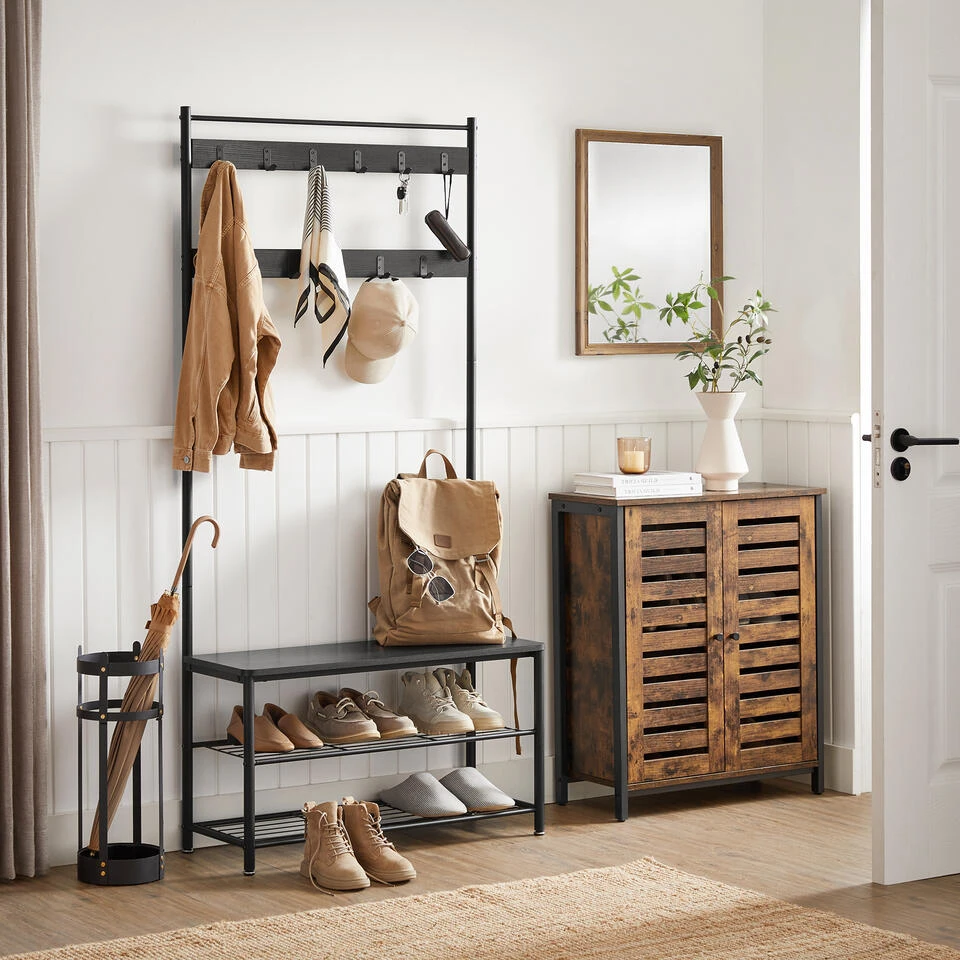 ACAZA XL Garderoberek Met Schoenenbank, Kapstok En Schoenenrek, 11 Haken, Zwart - Afbeelding 2