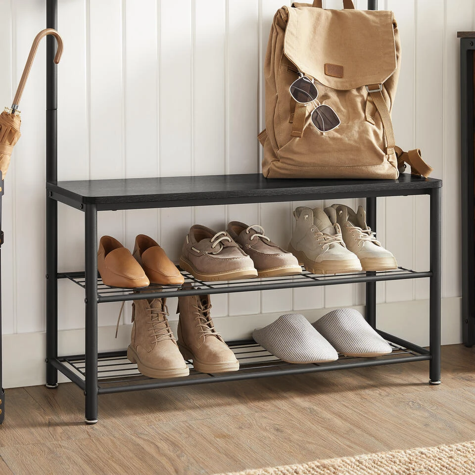 ACAZA XL Garderoberek Met Schoenenbank, Kapstok En Schoenenrek, 11 Haken, Zwart - Afbeelding 4